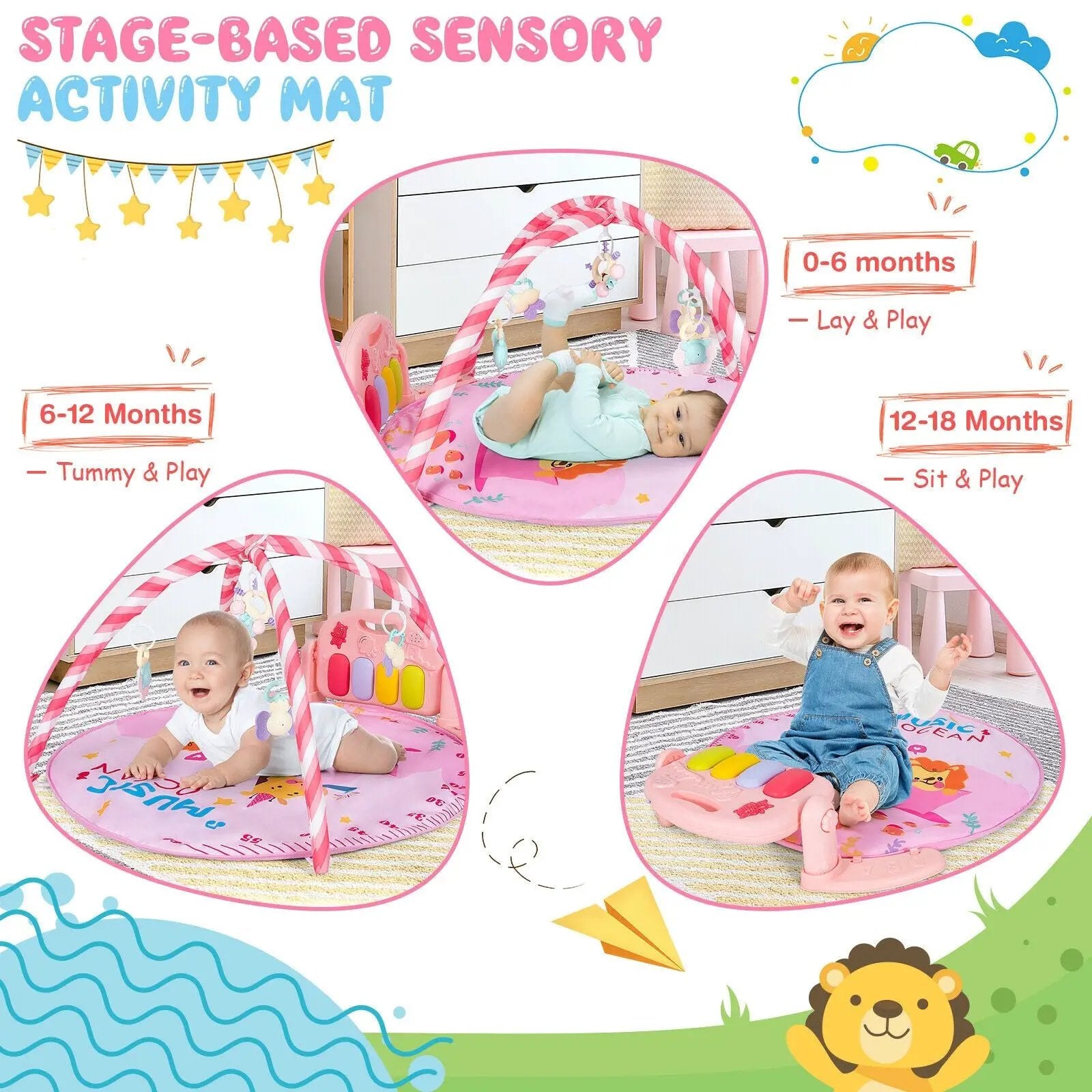 Baby Activity Play Piano Gym Mat with 5 Hanging Sensory Toys by DirectDeals