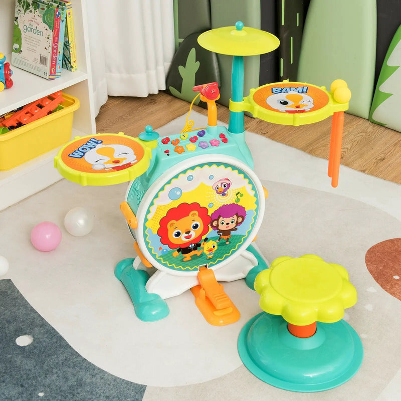 3 Pieces Electric Kids Drum Set with Microphone Stool Pedal by DirectDeals