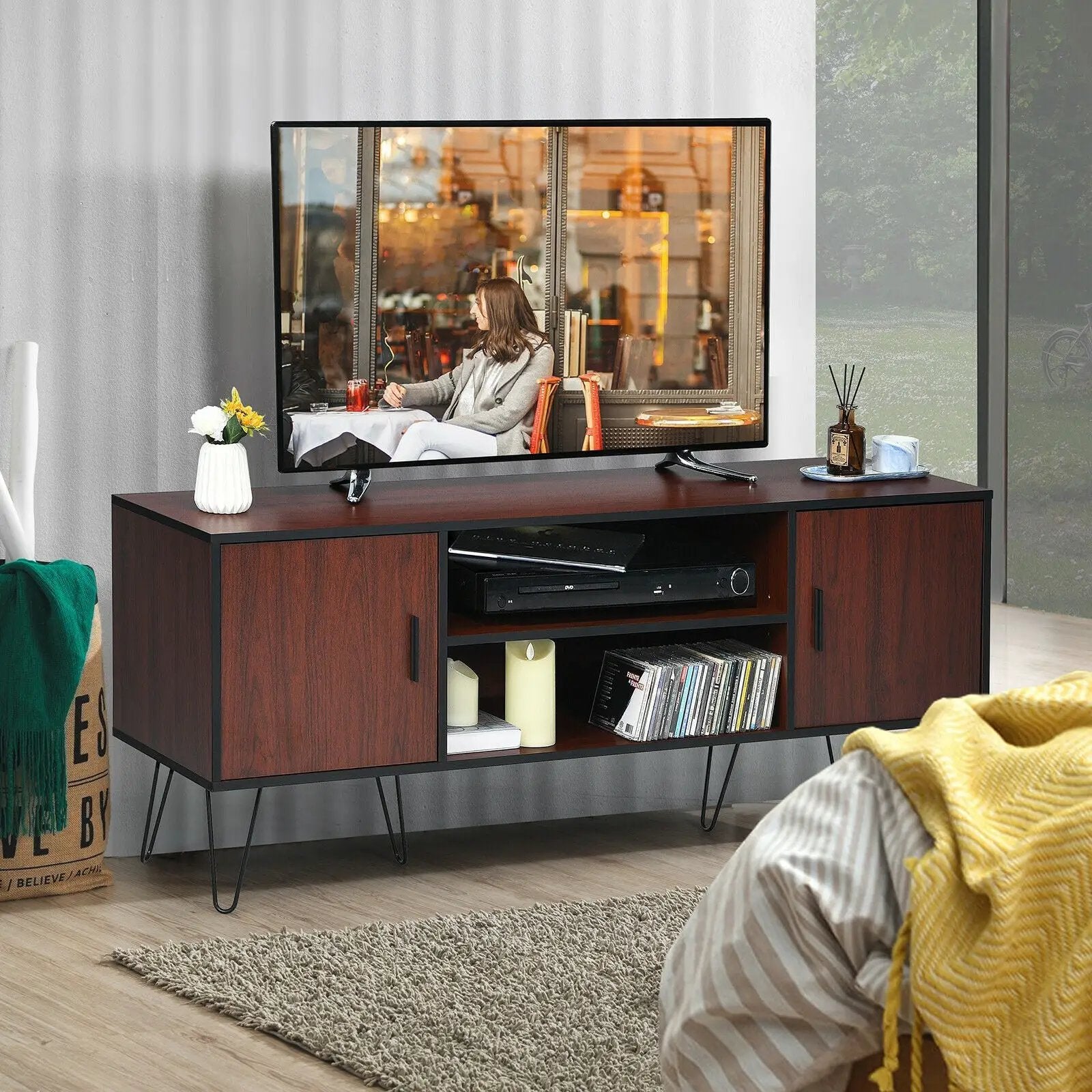 Retro Modern TV Stand with 6 Metal Legs for TVs up to 65 Inch with 2 Cable Holes by DirectDeals