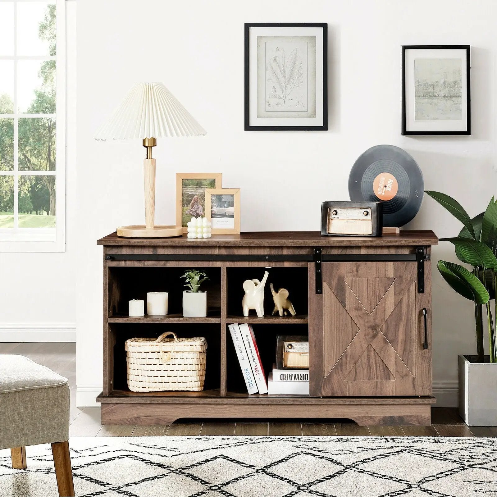 Sliding Barn Door TV Stand with Adjustable Shelf Cabinet-Dark Walnut by DirectDeals