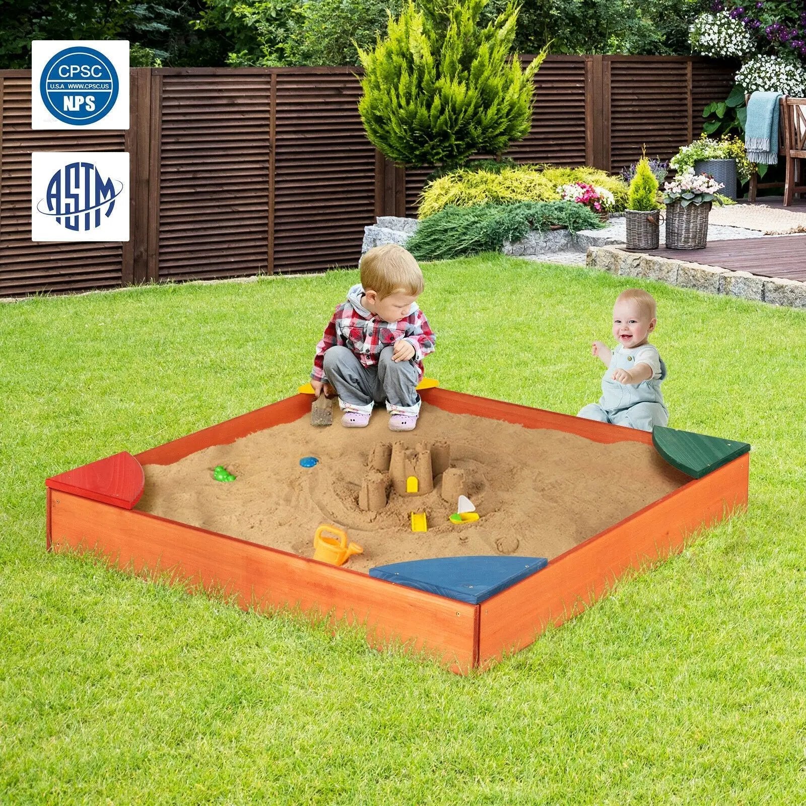 Kids Outdoor Wooden Backyard Sandbox with Built-in Corner Seating by DirectDeals