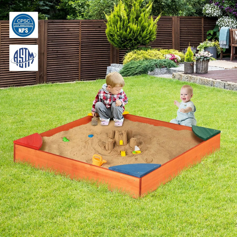Kids Outdoor Wooden Backyard Sandbox with Built-in Corner Seating by DirectDeals