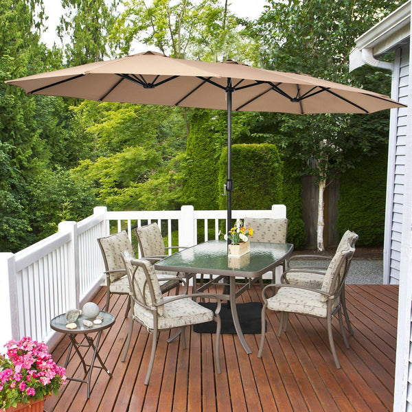 15 Feet Double-Sided Twin Patio Umbrella with Crank and Base, photo 2 of 15