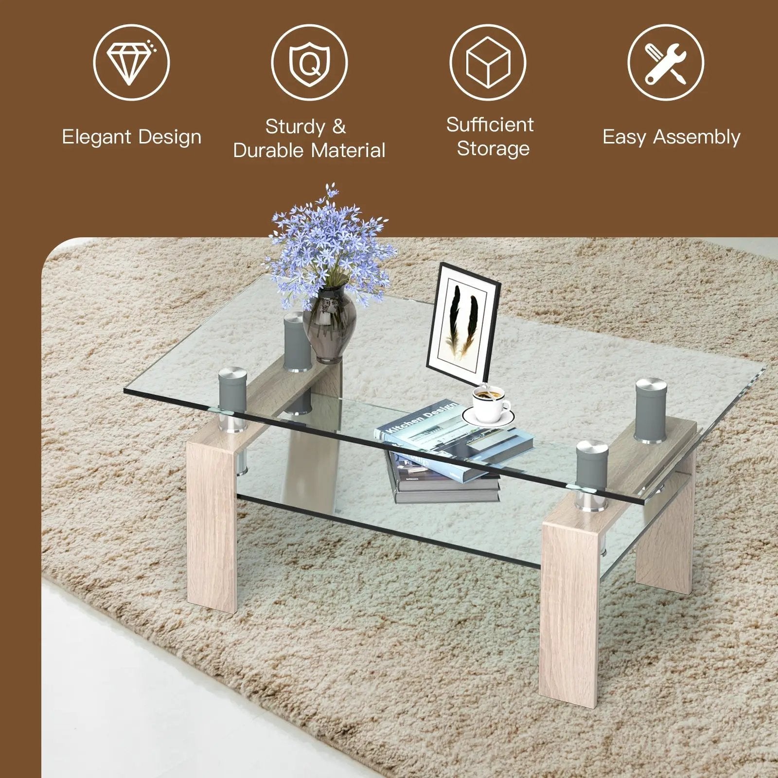Rectangle Glass Coffee Table with Metal Legs for Living Room by DirectDeals