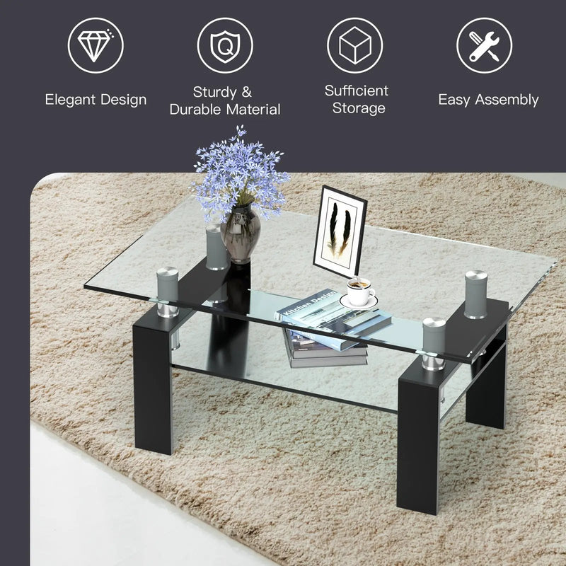 Rectangle Glass Coffee Table with Metal Legs for Living Room by DirectDeals