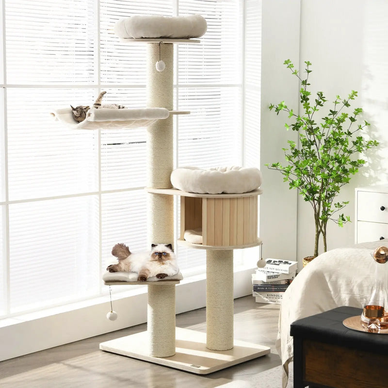 4-Layer 68.5-Inch Wooden Cat Tree Condo Activity Tower with Sisal Posts-Natural by DirectDeals