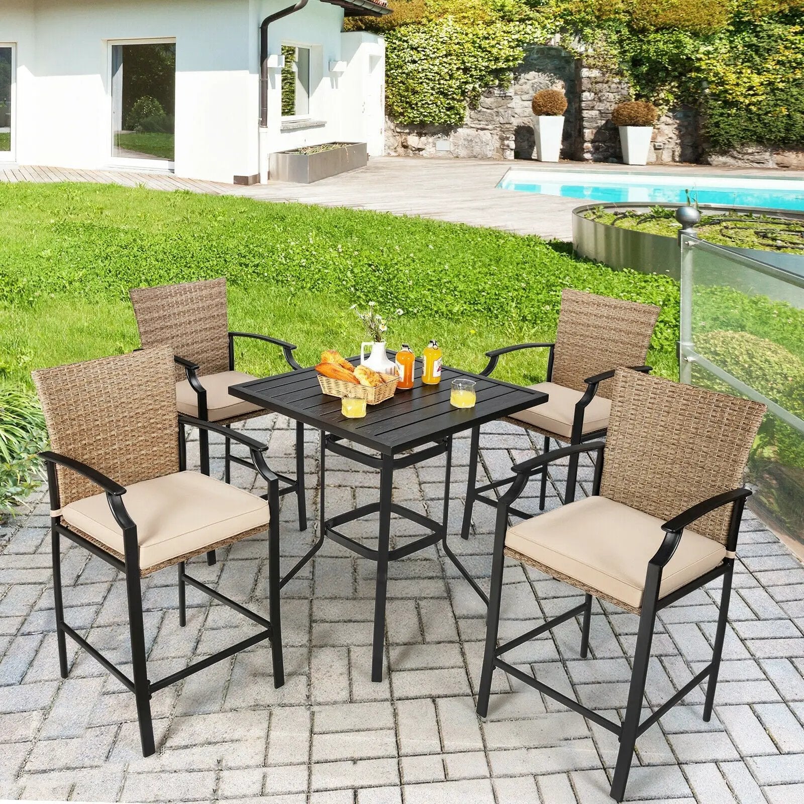 5 Pieces Outdoor Rattan Bistro Bar Stool Table Set with Cushions by DirectDeals