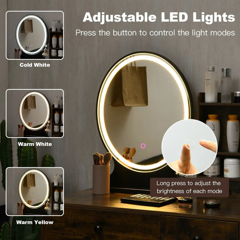Vanity Table Set with Lighted Mirror and Cushion Stool-Brown by DirectDeals