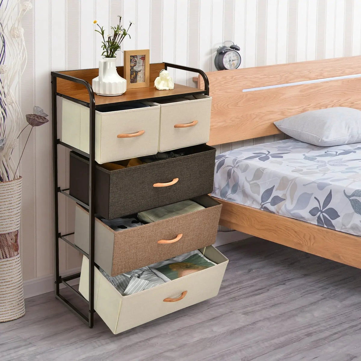 4-Tier Organizer Tower Steel Frame Wooden Top Storage with 5-Drawer Dresser by DirectDeals