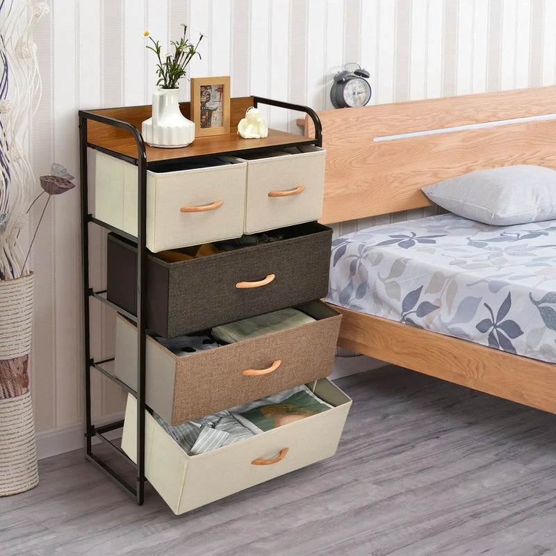 4-Tier Organizer Tower Steel Frame Wooden Top Storage with 5-Drawer Dresser by DirectDeals