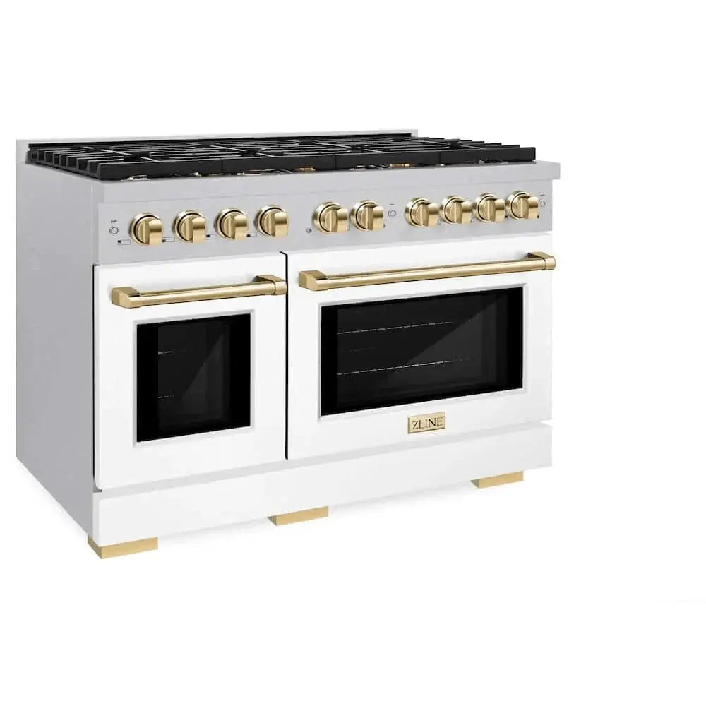 ZLINE 48"Gas Range, Convection Gas Oven, DuraSnow® White Matte, Gold SGRSZ-WM-48-G by Farmhouse Kitchen and Bath