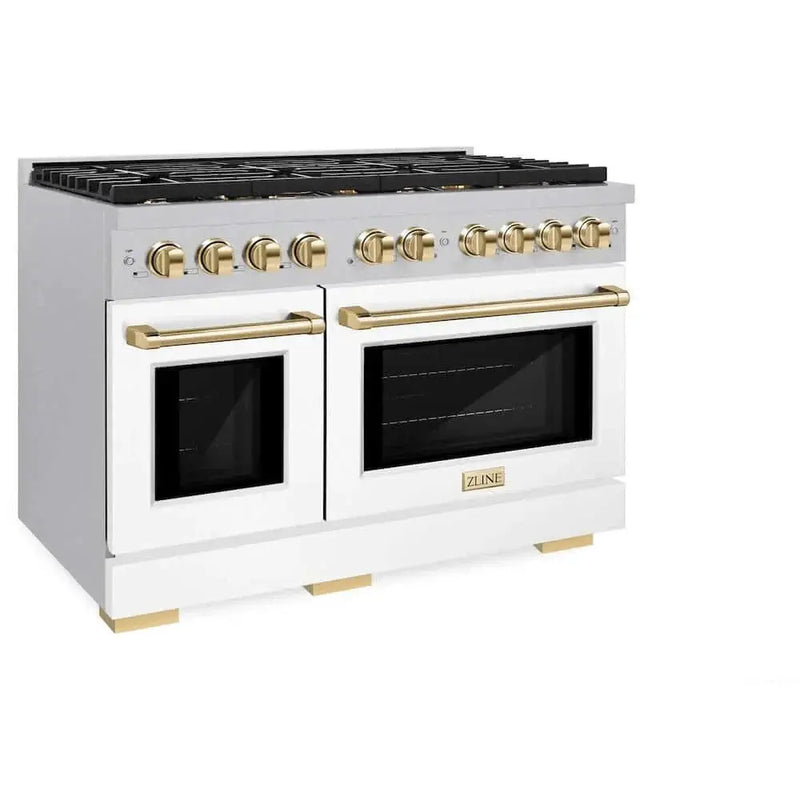 ZLINE 48"Gas Range, Convection Gas Oven, DuraSnow® White Matte, Gold SGRSZ-WM-48-G by Farmhouse Kitchen and Bath