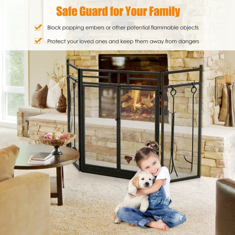 3-Panel Folding Wrought Iron Fireplace Screen with Doors and 4 Pieces Tools Set-Black by DirectDeals