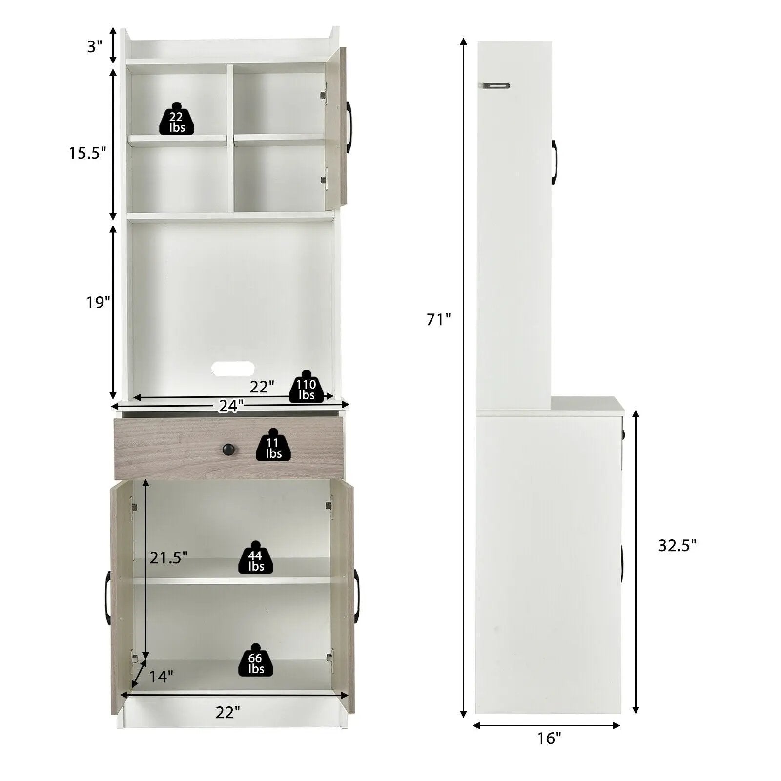 3-Door 71 Inch Kitchen Buffet Pantry Storage Cabinet with Hutch and Adjustable Shelf by DirectDeals