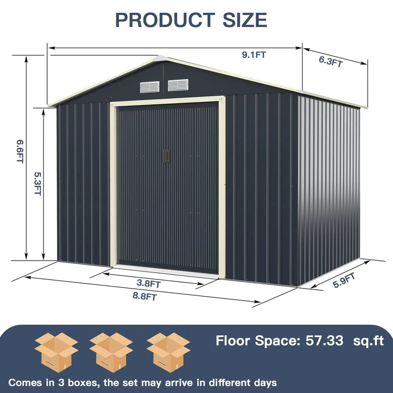 9 x 6 Feet Metal Storage Shed for Garden and Tools-Gray by DirectDeals