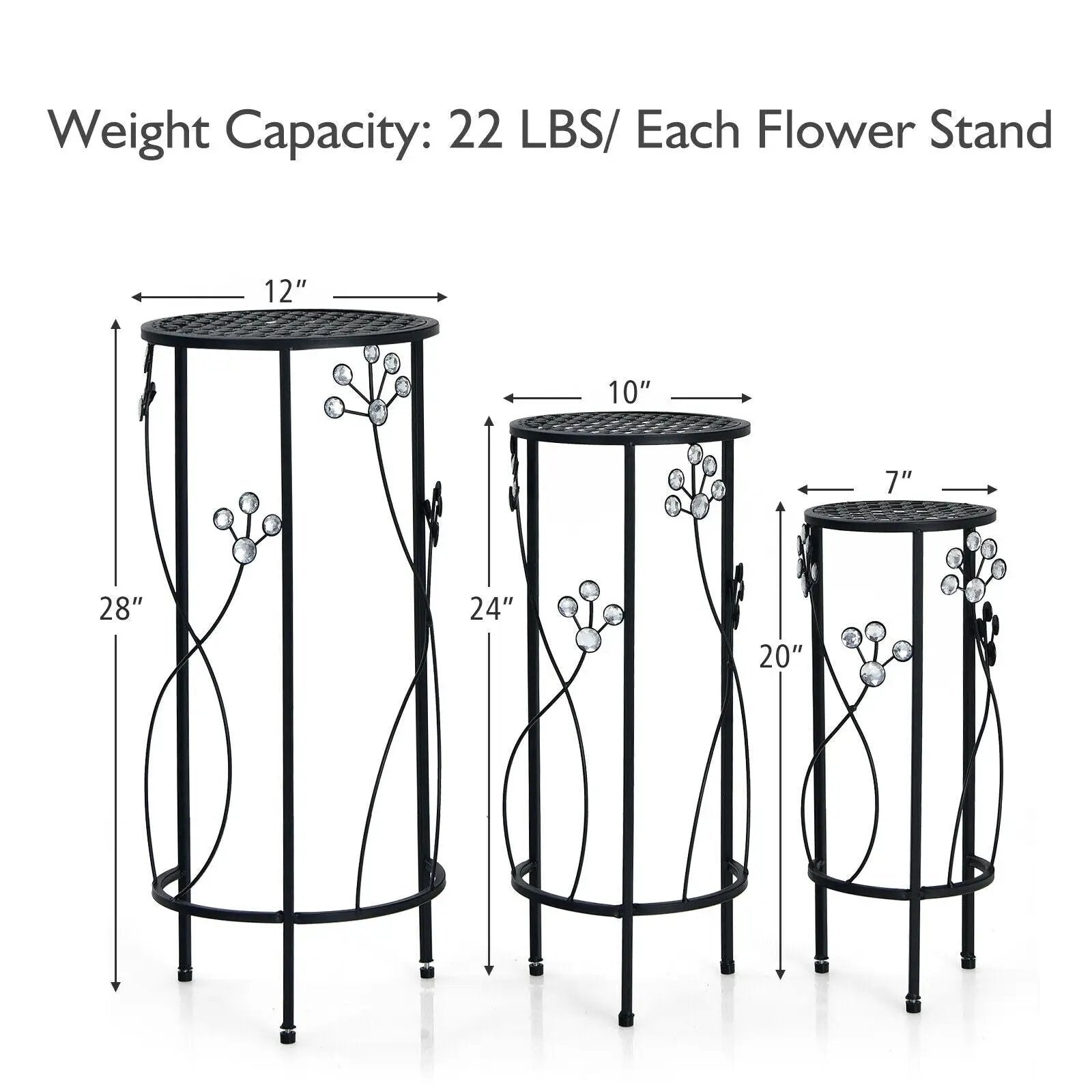 3 Pieces Metal Plant Stand Set with Crystal Floral Accents Round-Black by DirectDeals