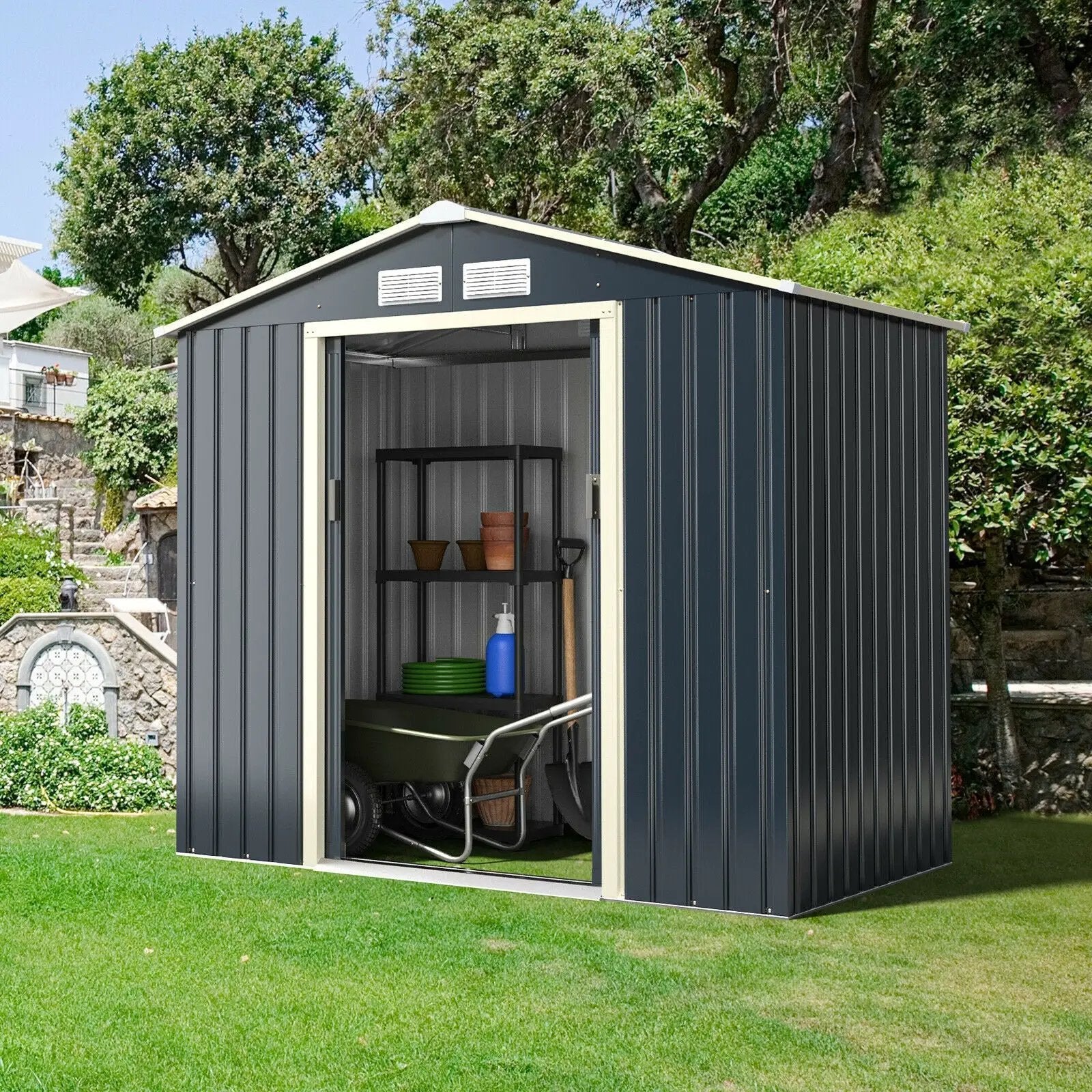 7 Feet x 4 Feet Metal Storage Shed with Sliding Double Lockable Doors-Gray by DirectDeals