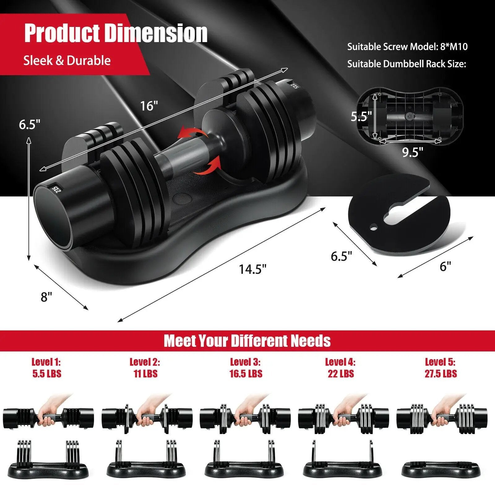 27.5 LBS 5-in-1 Adjustable Dumbbell for Gym Home Office by DirectDeals