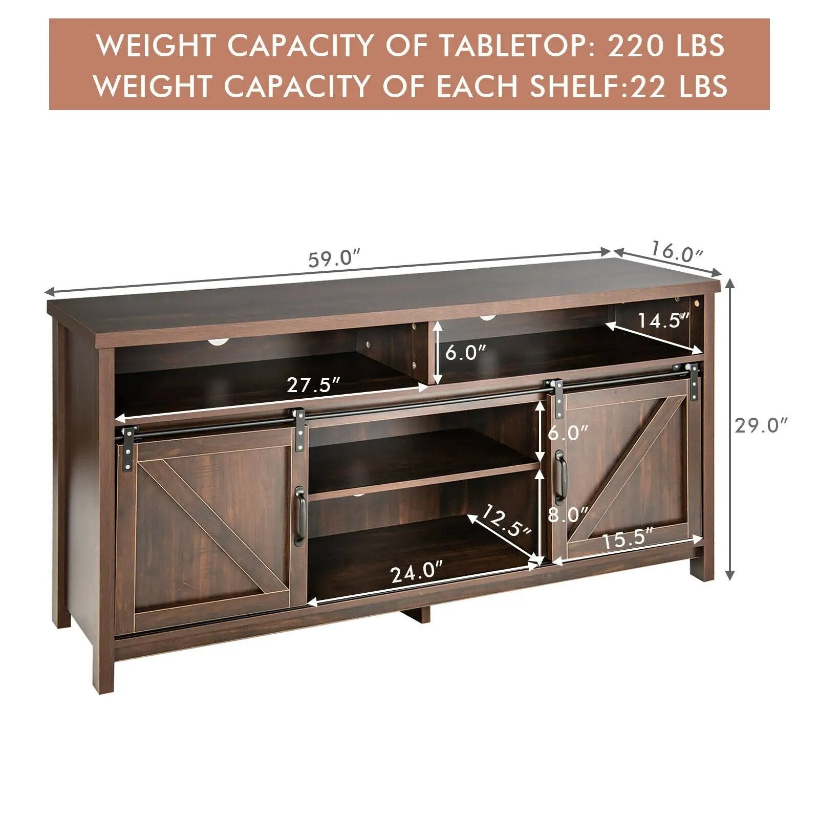 59 Inch Sliding Barn Door TV Stand with Adjustable Shelves for TVs up to 65 Inch by DirectDeals