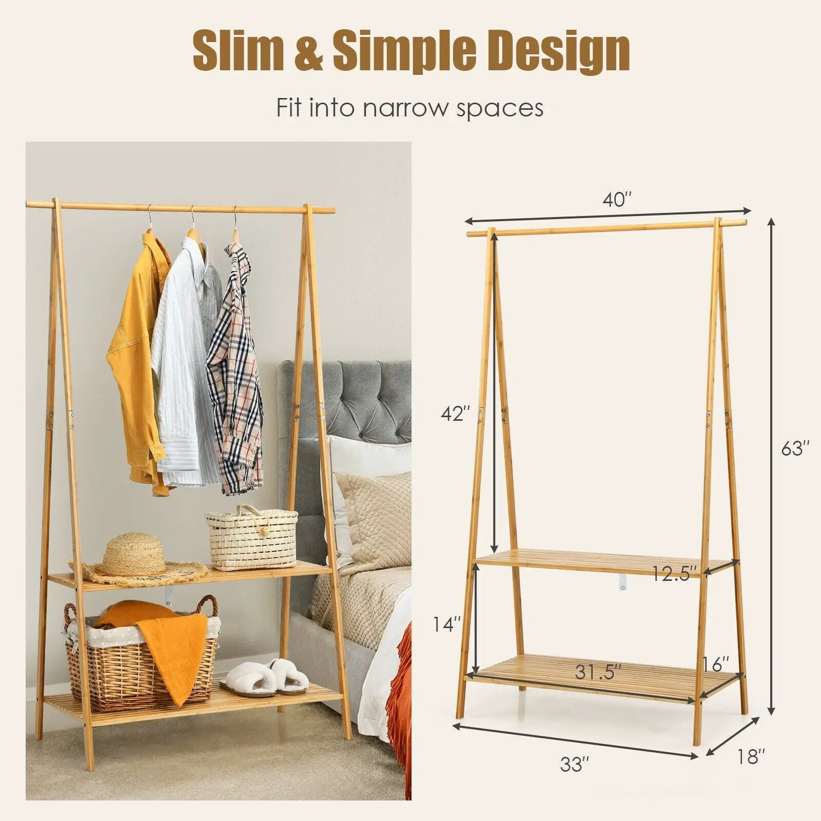 Bamboo Clothes Hanging Rack with 2-Tier Storage Shelf for Entryway Bedroom-Natural by DirectDeals