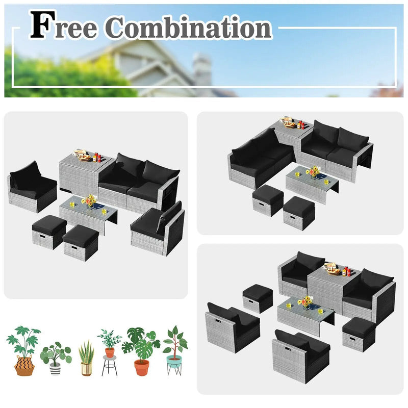 8 Pieces Patio Rattan Furniture Set with Storage Waterproof Cover and Cushion by DirectDeals