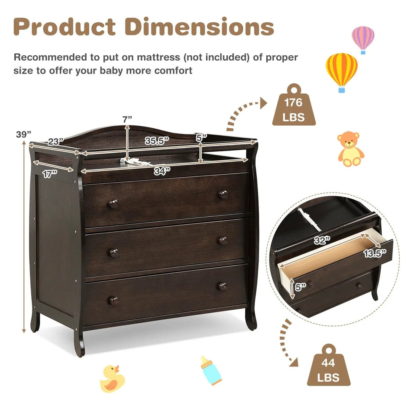Baby Changing Table Infant Diaper with 3 Drawers and Safety Belt by DirectDeals