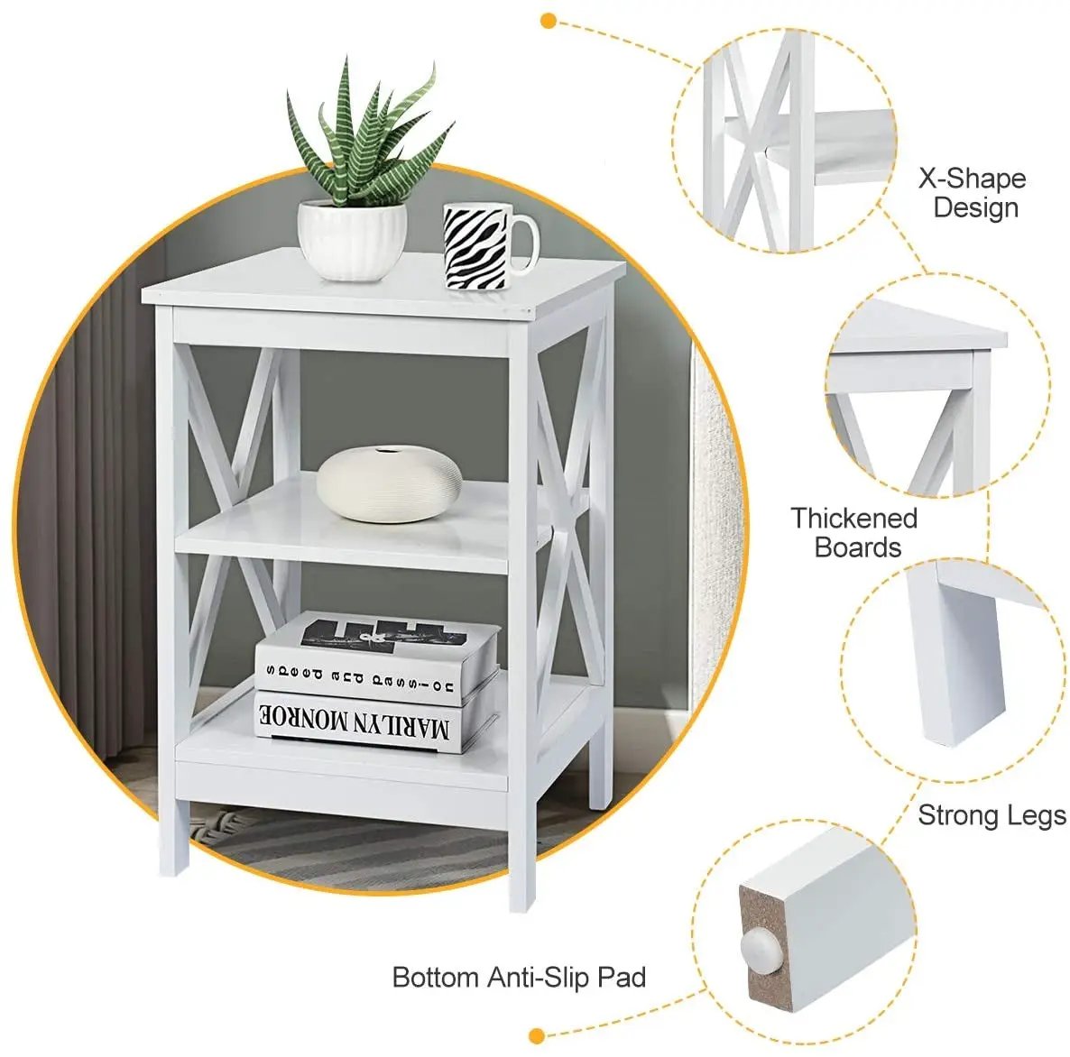 3-Tier X-Design Nightstands with Storage Shelves for Living Room Bedroom by DirectDeals