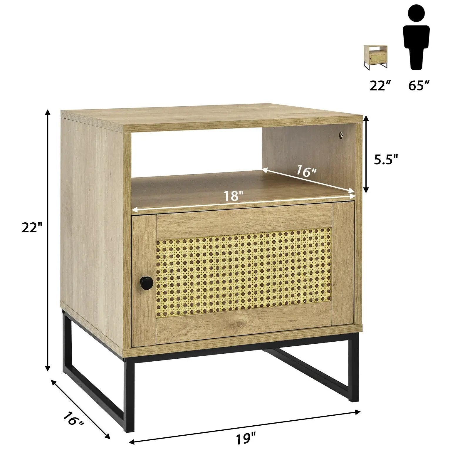 Wooden Side End Table with Cabinet and Rattan Decorated Door-Natural by DirectDeals