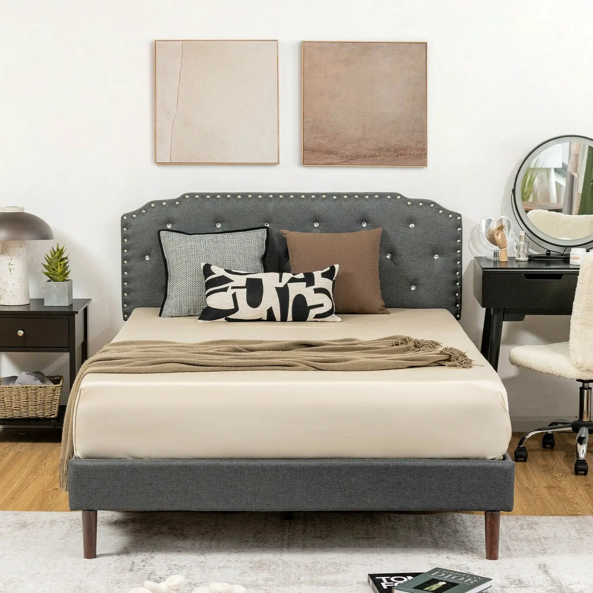 Upholstered Bed Frame with Adjustable Diamond Button Headboard by DirectDeals
