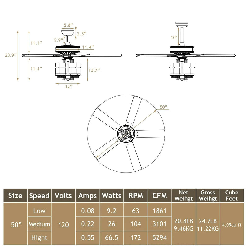 50 Inch Noiseless Ceiling Fan Light with Explosion-proof Glass Lampshades-Black by DirectDeals