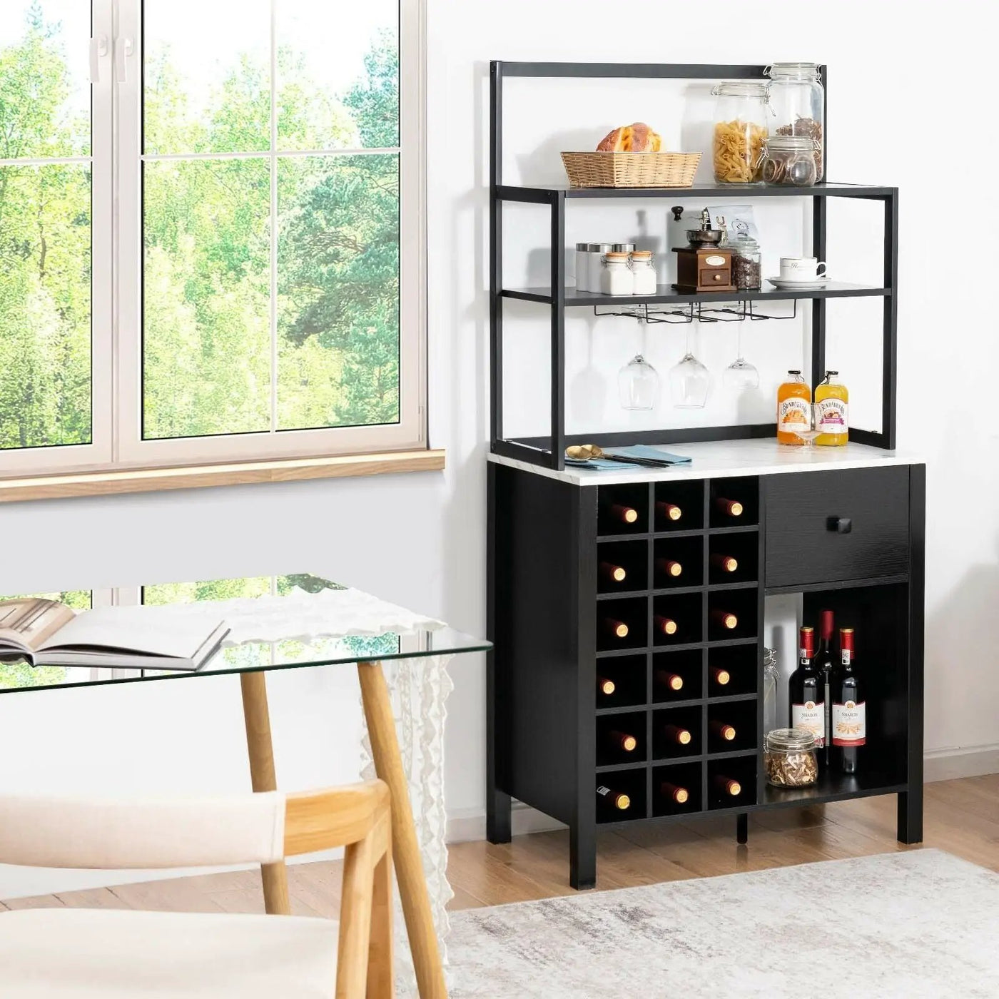 Kitchen Bakers Rack Freestanding Wine Rack Table with Glass Holder and Drawer by DirectDeals