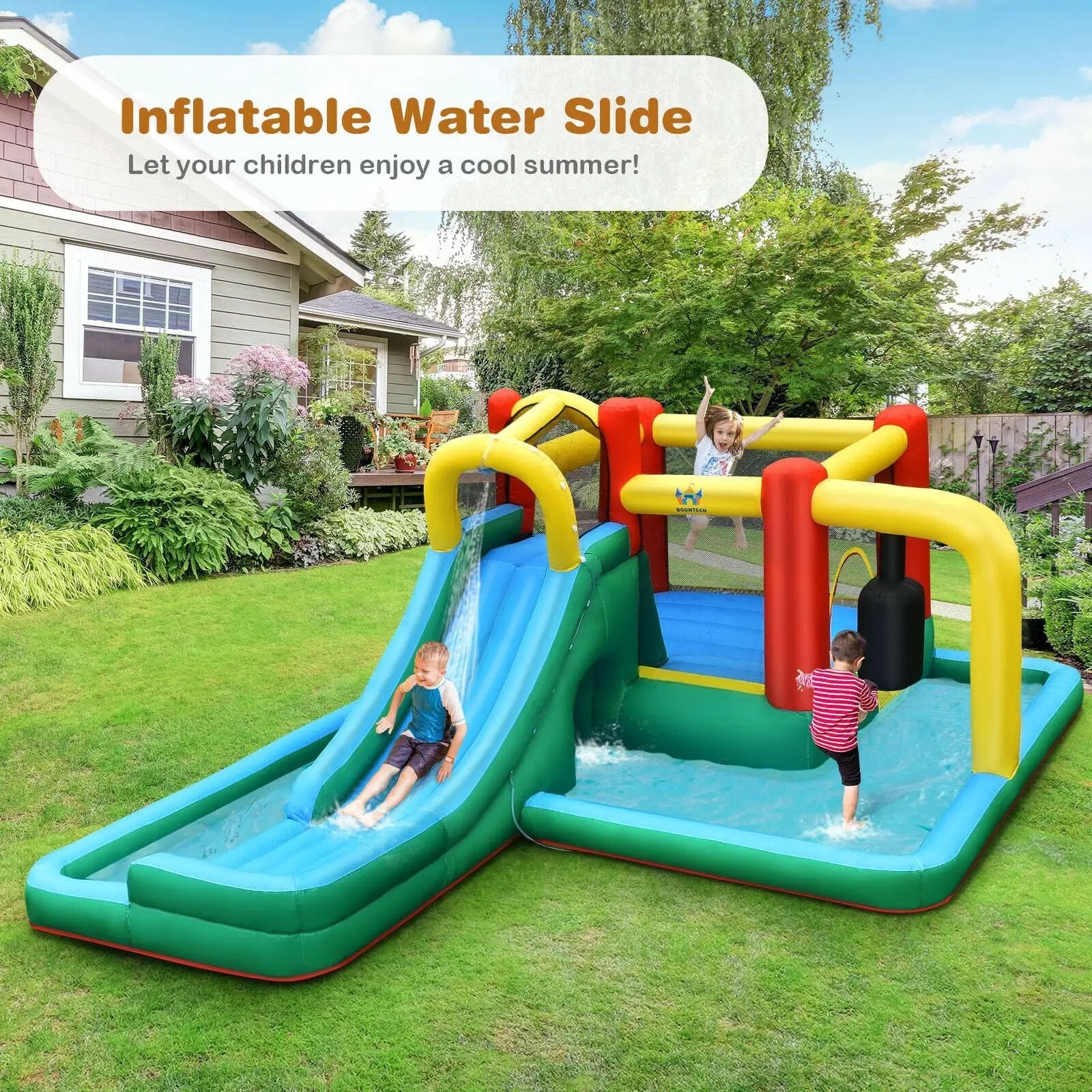 Inflatable Water Slide Climbing Bounce House with Tunnel and 735W Blower by DirectDeals