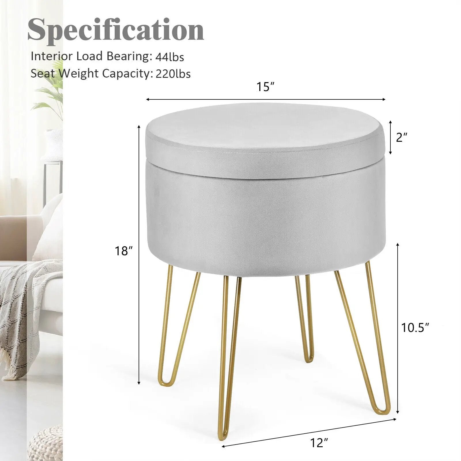 Round Velvet Storage Ottoman Footrest Stool Vanity Chair with Metal Legs by DirectDeals
