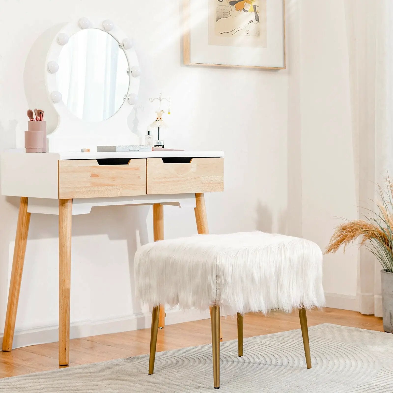 Faux Fur Vanity Stool with Golden Metal Legs for Makeup Room by DirectDeals