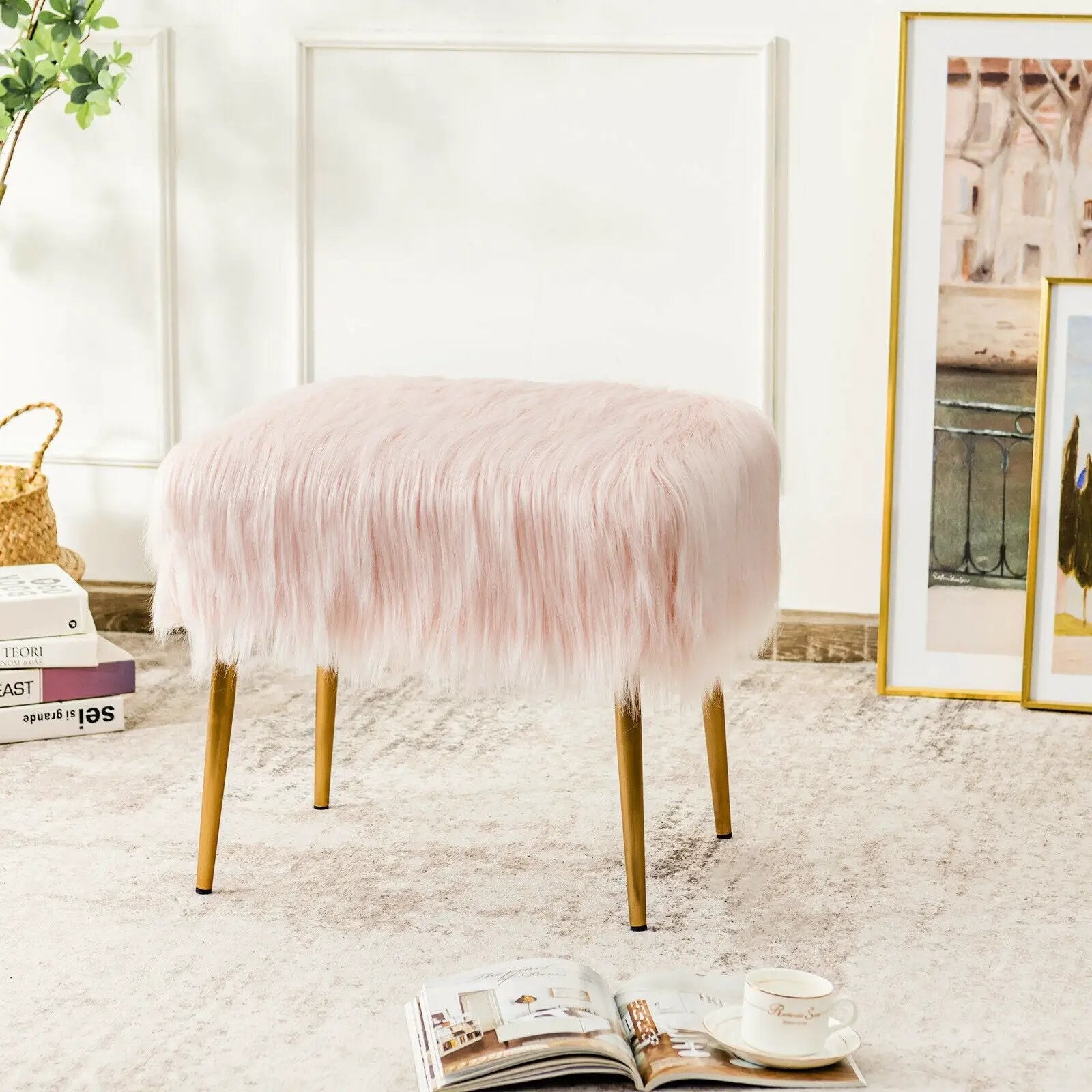Faux Fur Vanity Stool with Golden Metal Legs for Makeup Room by DirectDeals