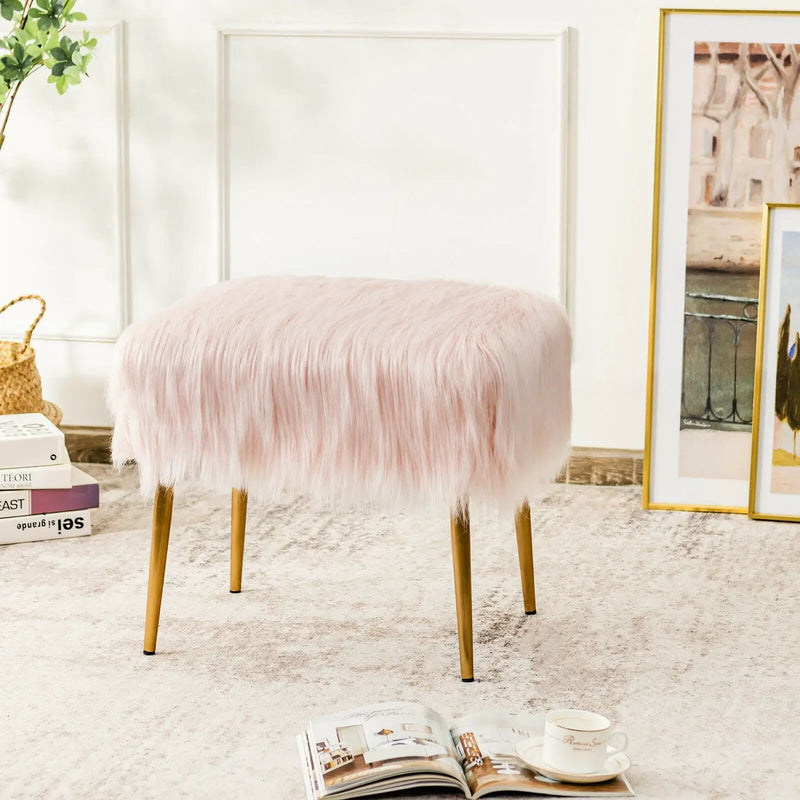 Faux Fur Vanity Stool with Golden Metal Legs for Makeup Room by DirectDeals