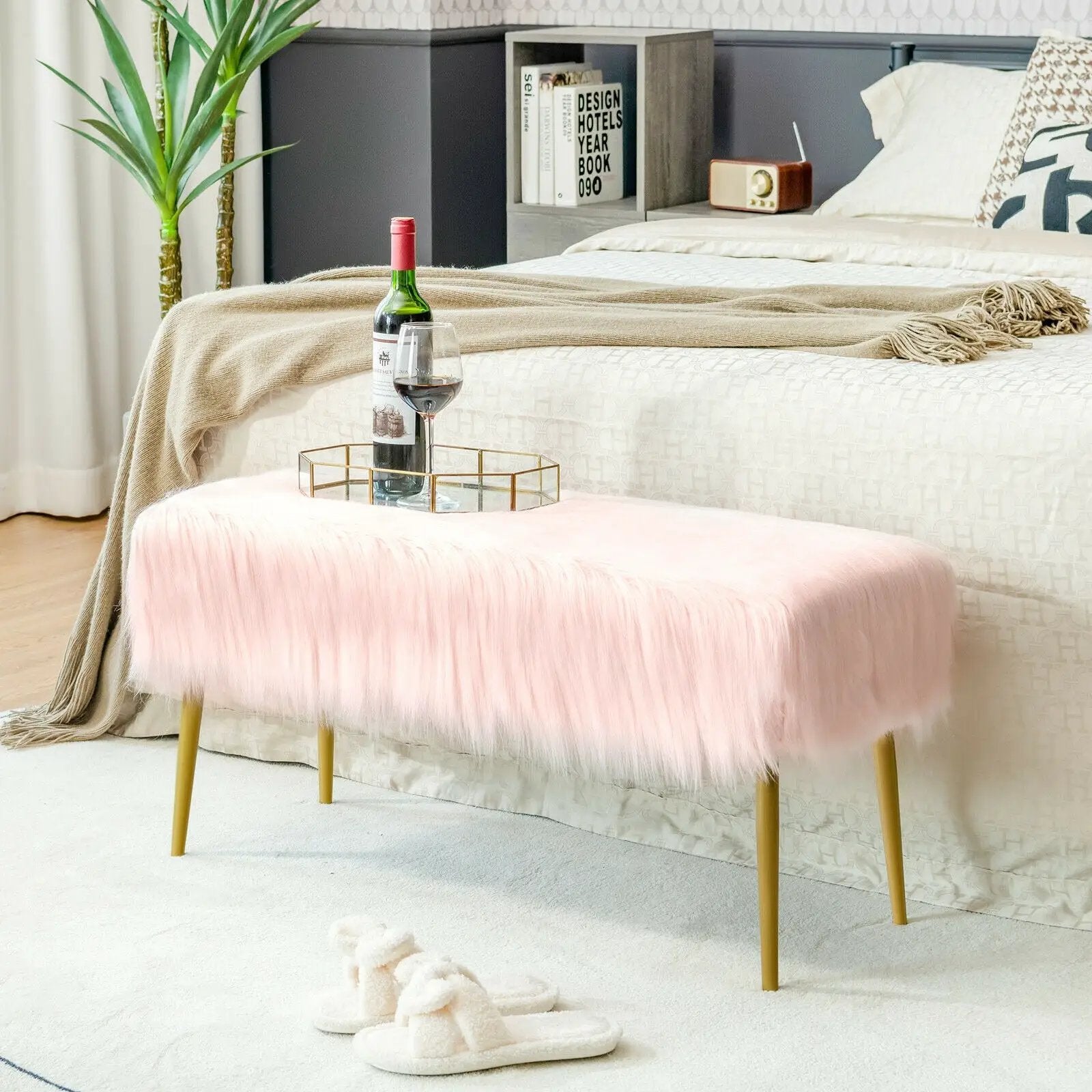 Upholstered Faux Fur Vanity Stool with Golden Legs for Makeup Room by DirectDeals