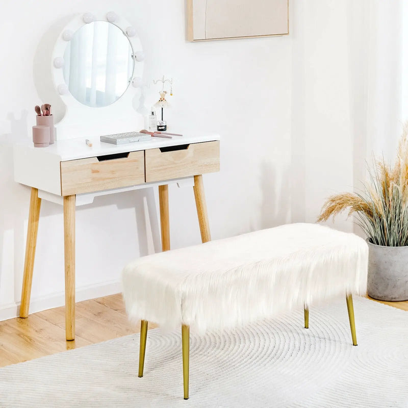Upholstered Faux Fur Vanity Stool with Golden Legs for Makeup Room by DirectDeals