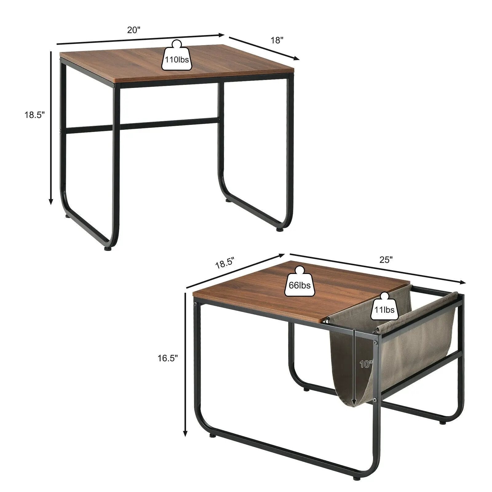 Set of 2 Nesting Coffee Tables with Side Pocket for Living Room Bedroom-Rustic Brown by DirectDeals