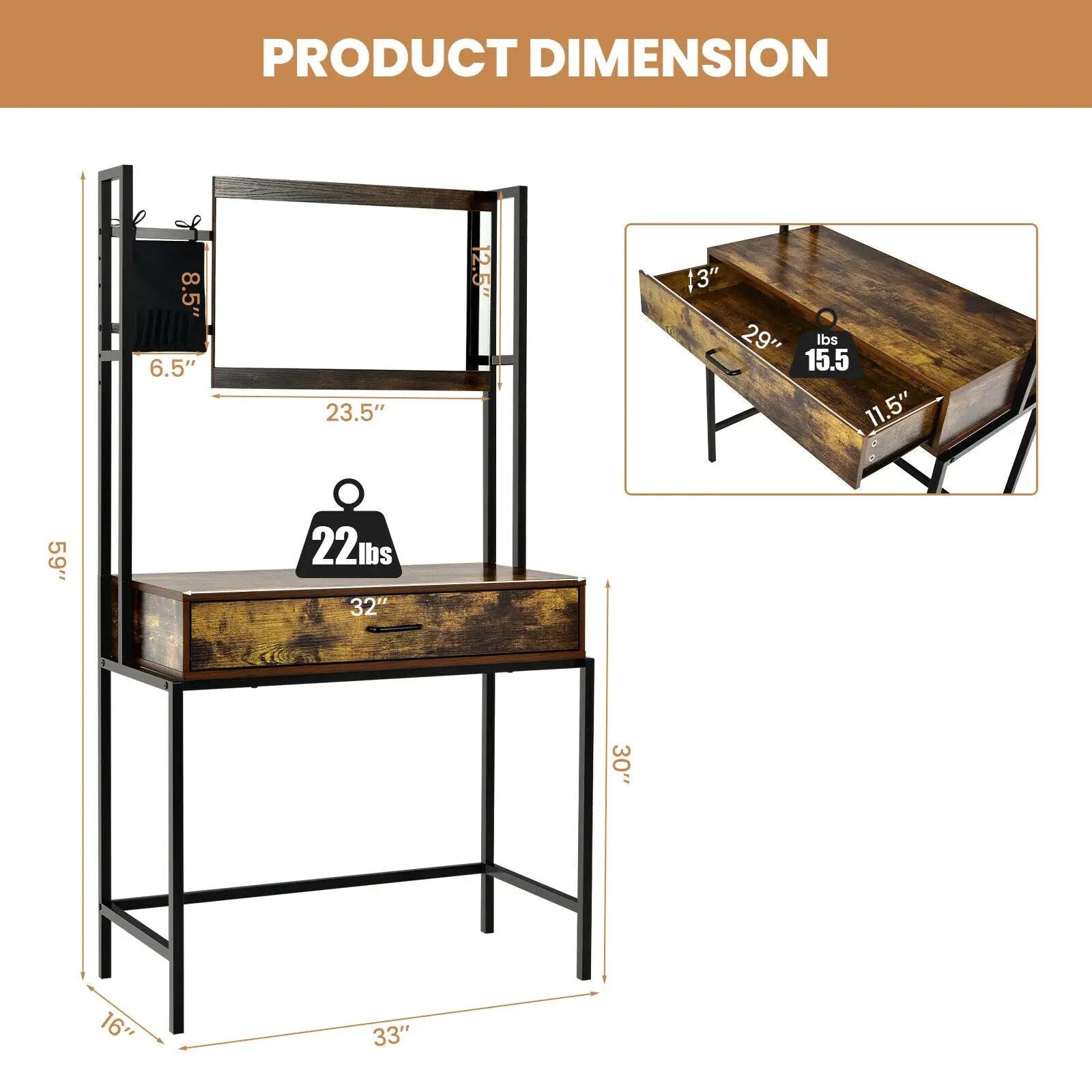 Industrial Vanity Table with 3-Height Adjustable Mirror Bag-Brown by DirectDeals