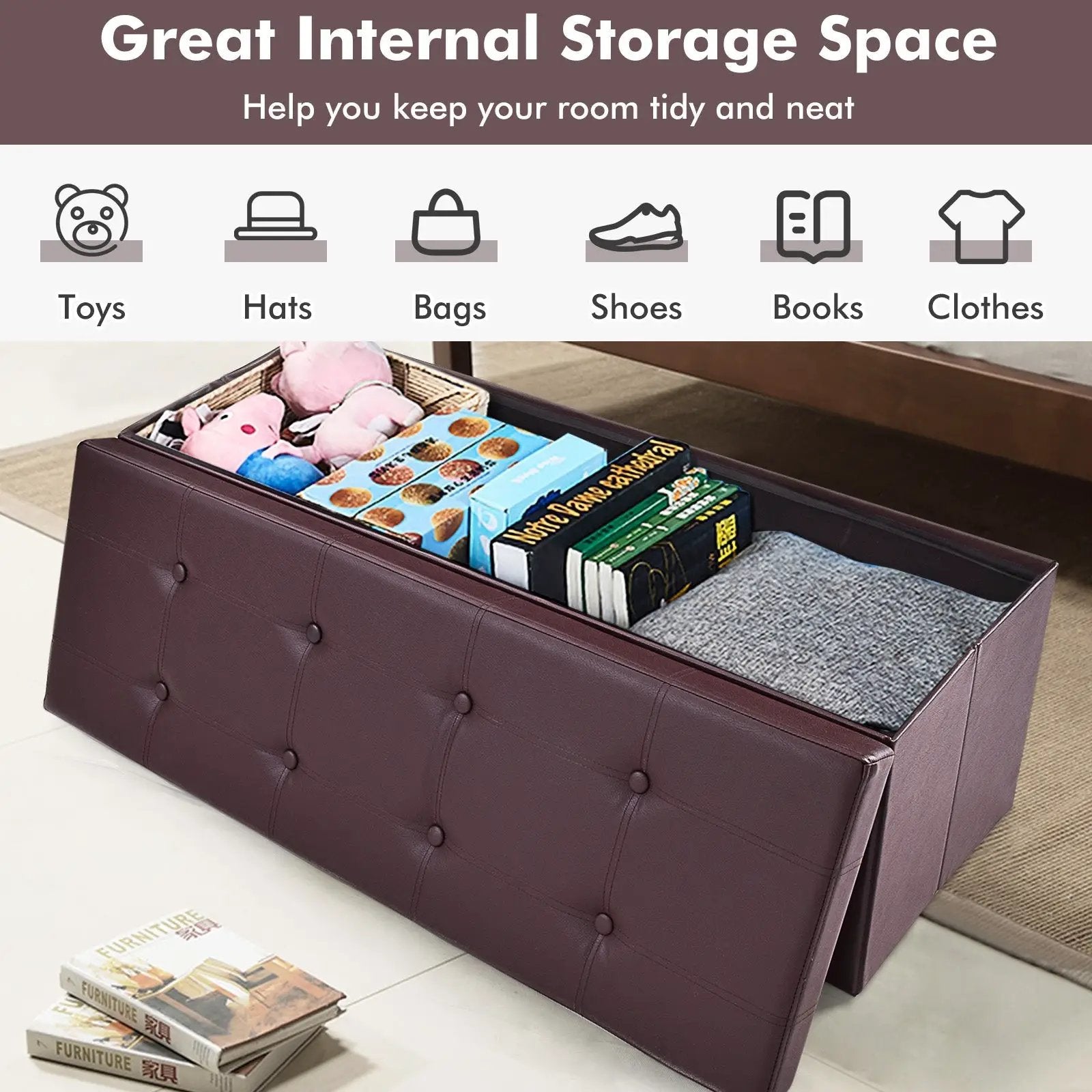 45 Inches Large Folding Ottoman Storage Seat - Brown by DirectDeals