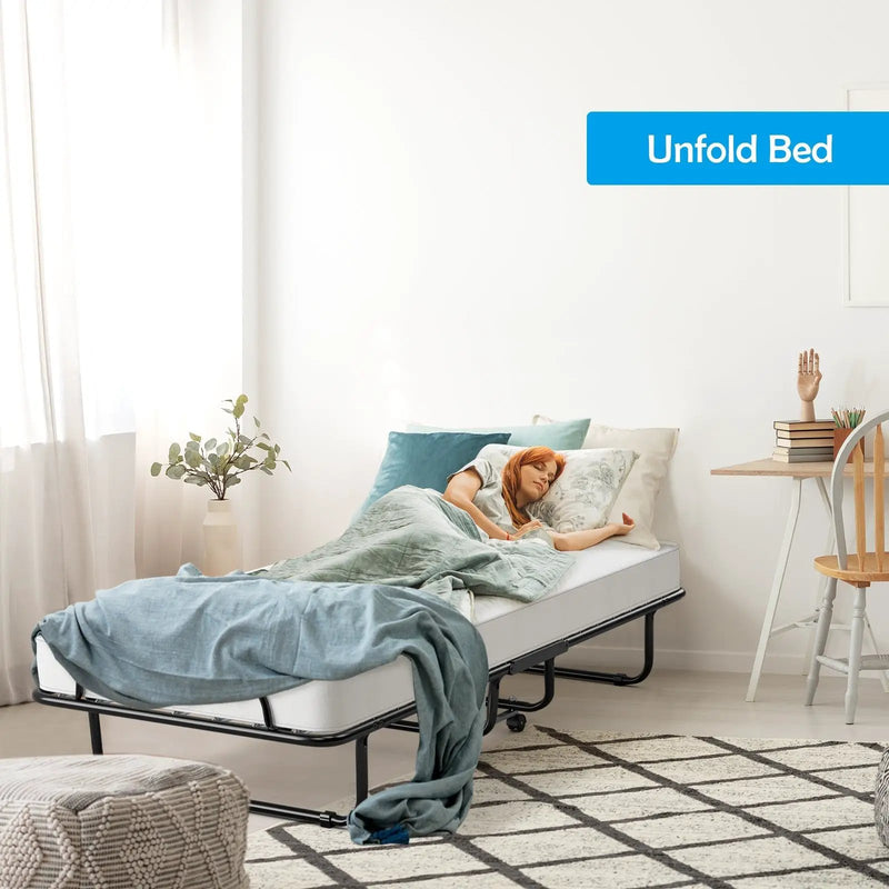 Rollaway Folding Bed with Memory Foam Mattress and Sturdy Metal Frame Made in Italy by DirectDeals