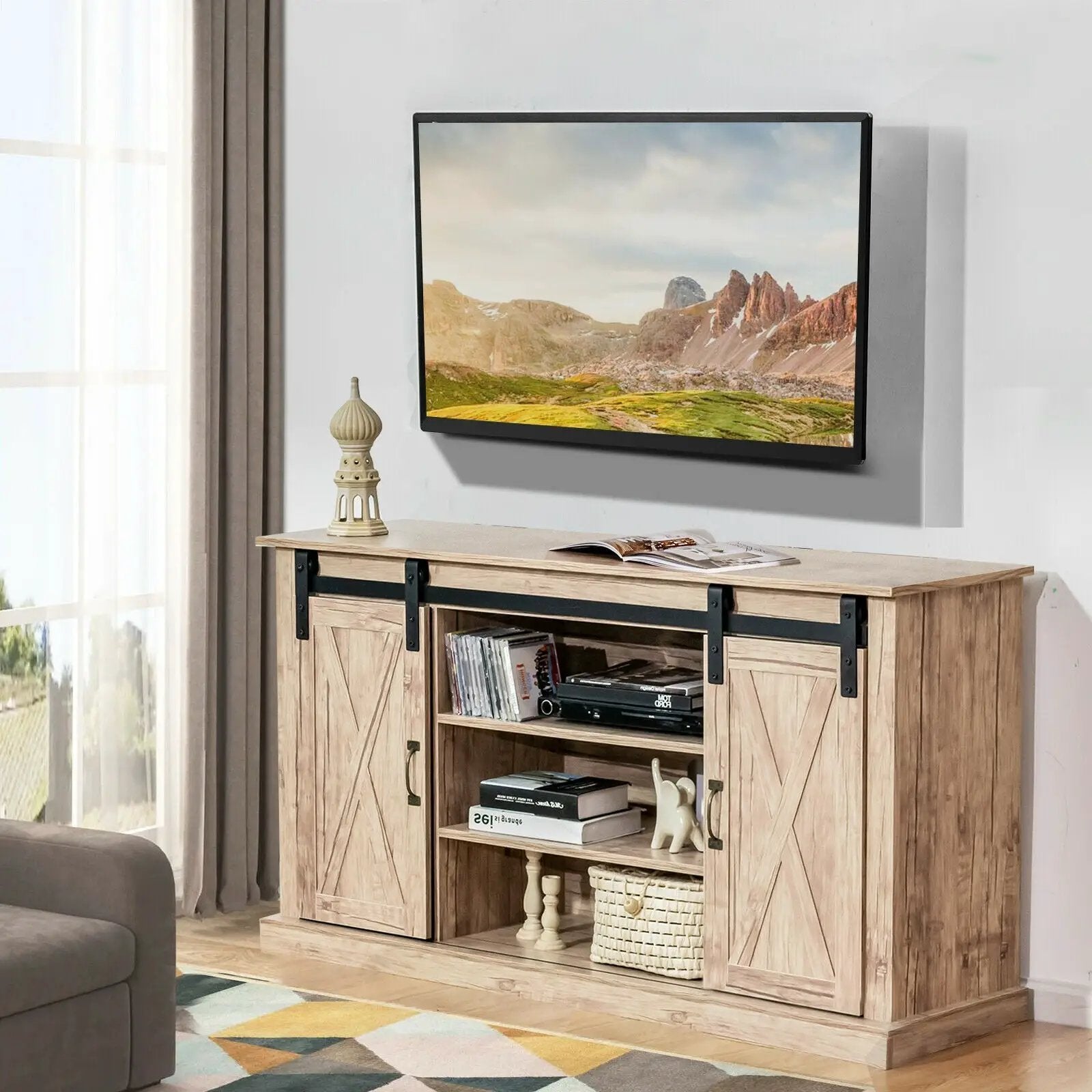 55 Inch Sliding Barn Door TV Stand with Adjustable Shelves for TVs up to 65 Inch-Natural by DirectDeals