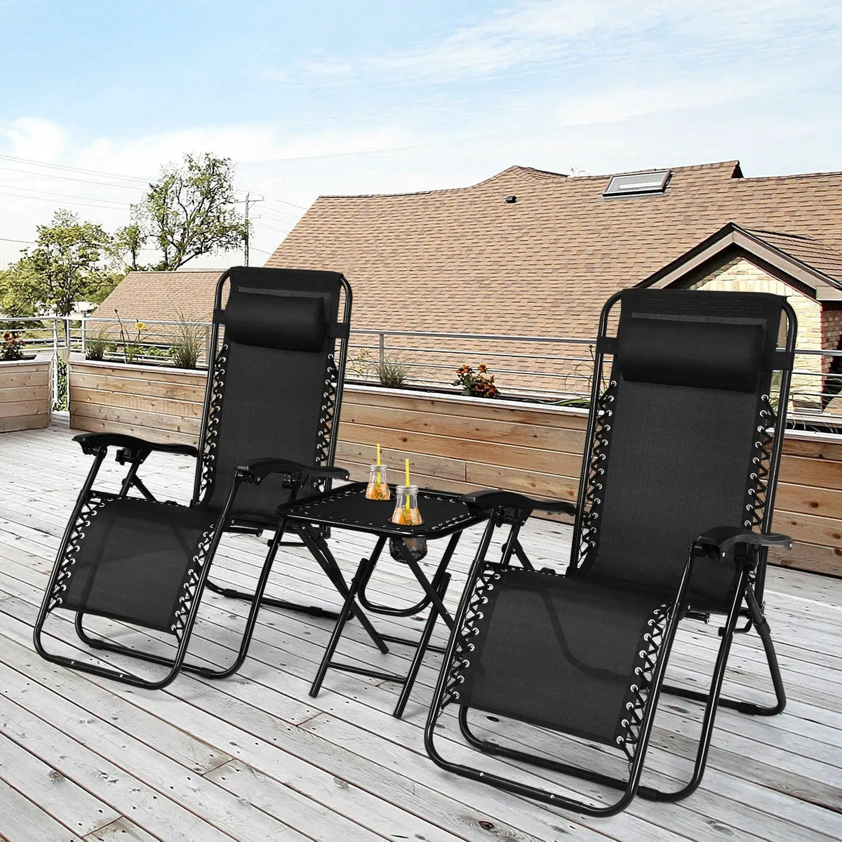 3 Pieces Folding Portable Zero Gravity Reclining Lounge Chairs Table Set by DirectDeals