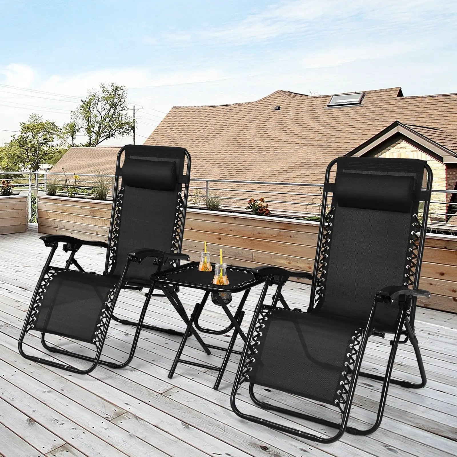 3 Pieces Folding Portable Zero Gravity Reclining Lounge Chairs Table Set by DirectDeals