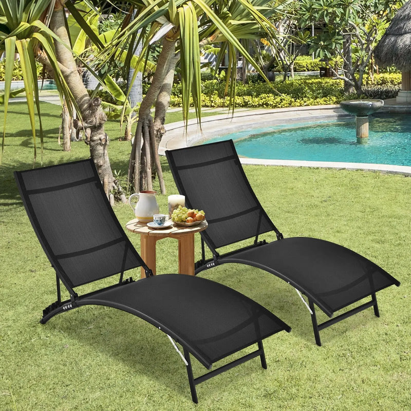 2 Pieces Patio Folding and Stackable Chaise Lounge Chair with 5-Position Adjustment-Black by DirectDeals