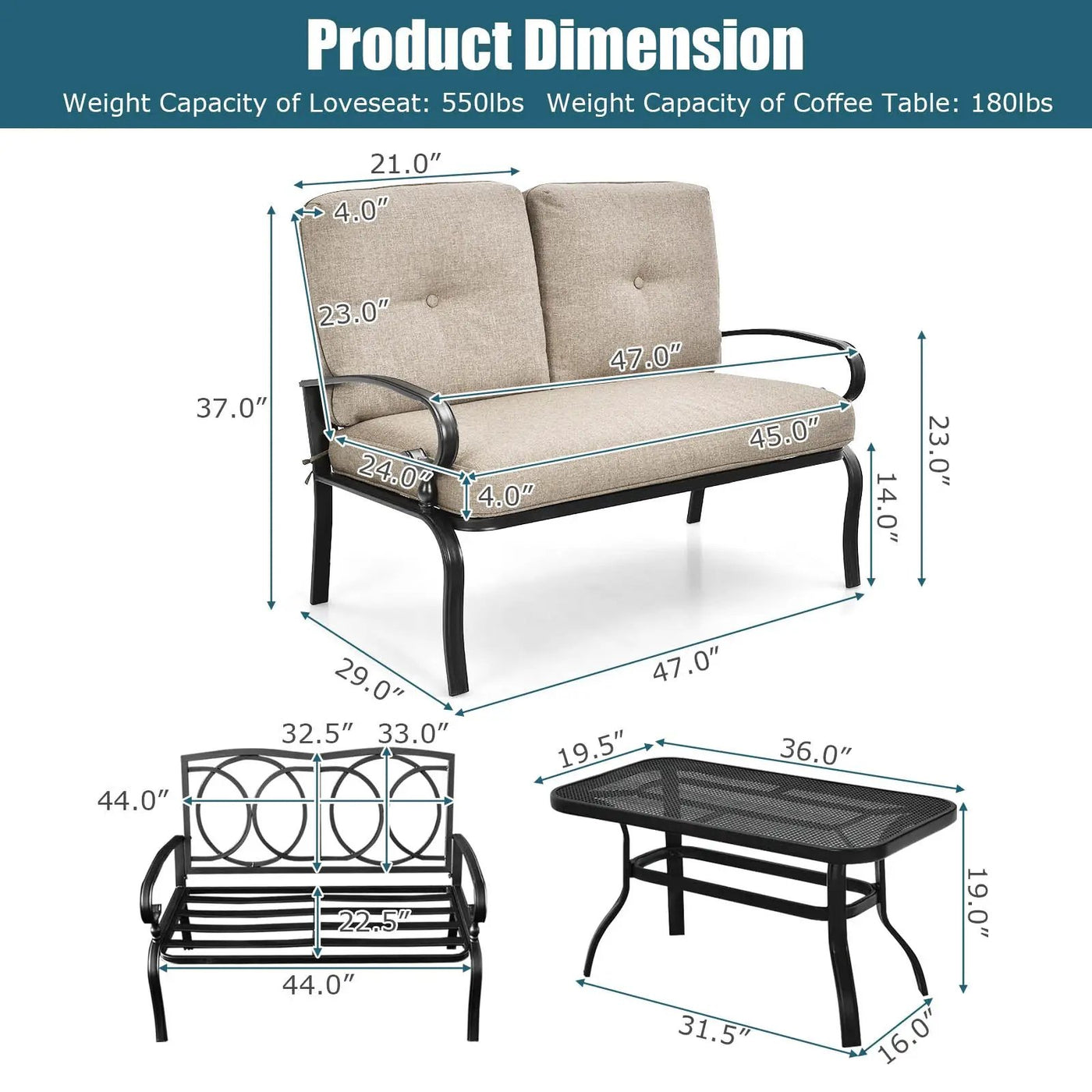 2 Pieces Patio Loveseat Bench Table Furniture Set with Cushioned Chair-Blue by DirectDeals