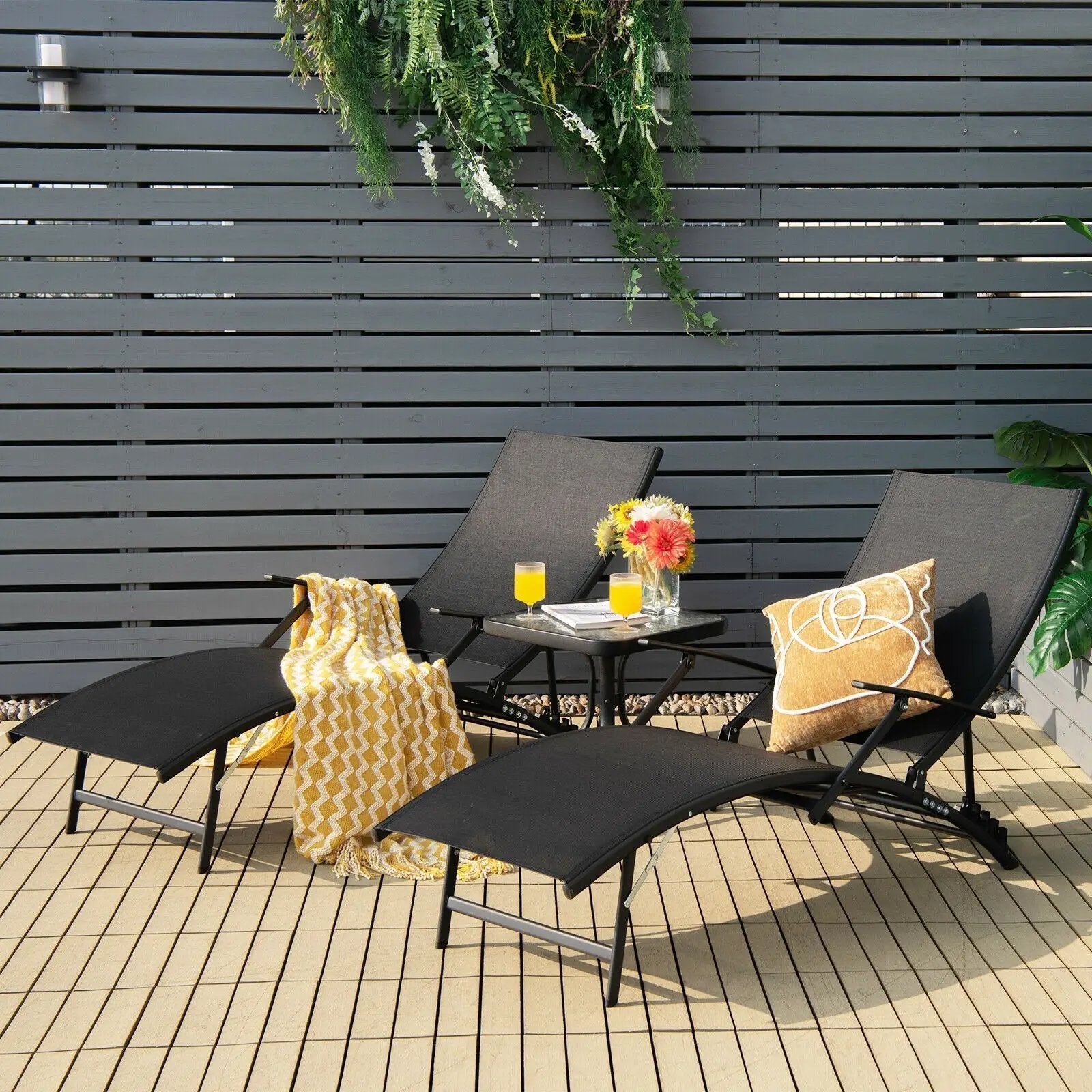 2 Pieces Patio Folding Stackable Lounge Chair Chaise with Armrest-Black by DirectDeals