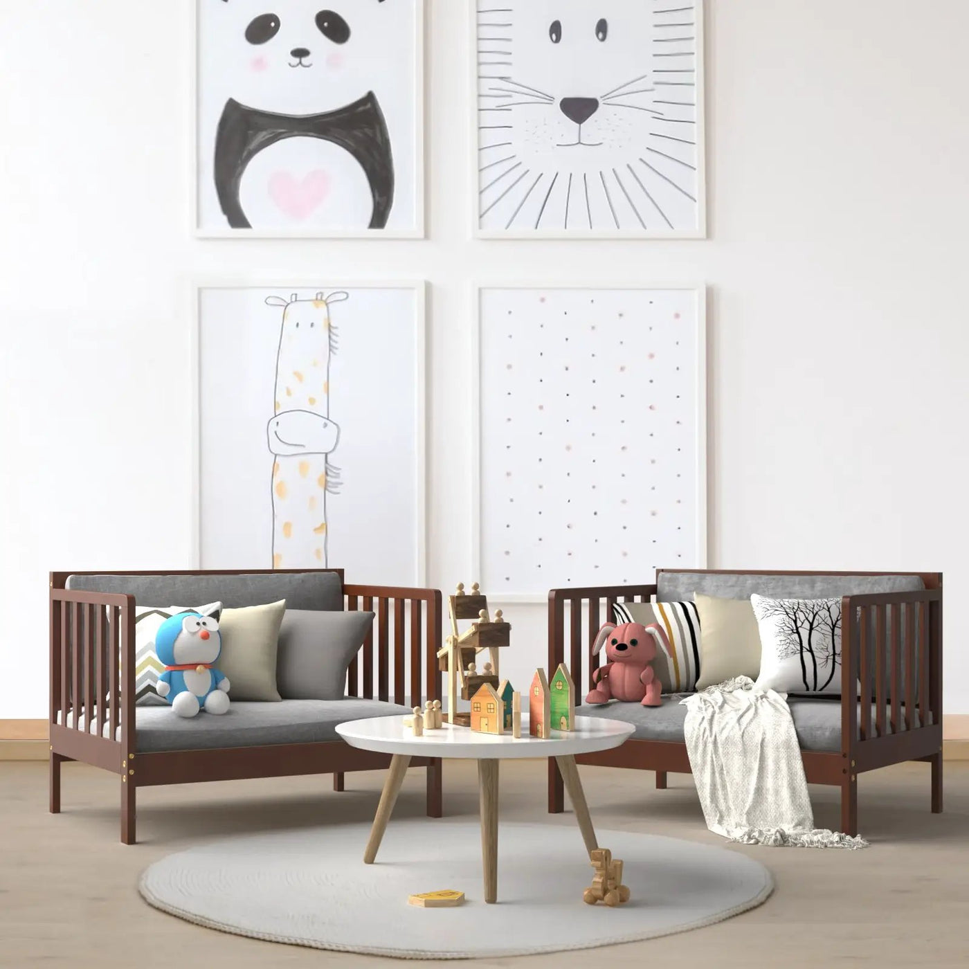 2-in-1 Convertible Kids Wooden Bedroom Furniture with Guardrails by DirectDeals