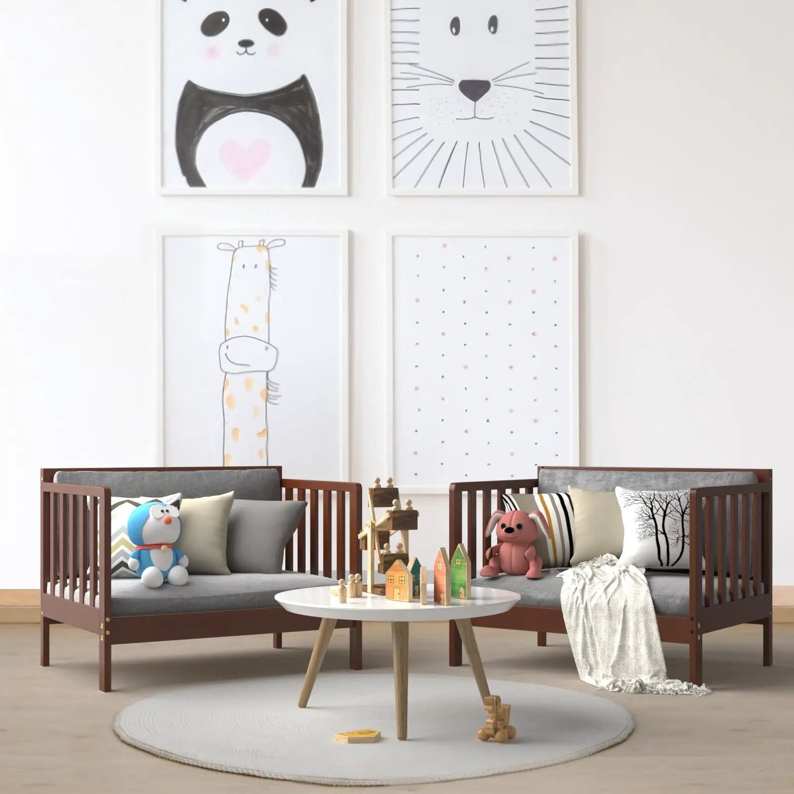 2-in-1 Convertible Kids Wooden Bedroom Furniture with Guardrails by DirectDeals